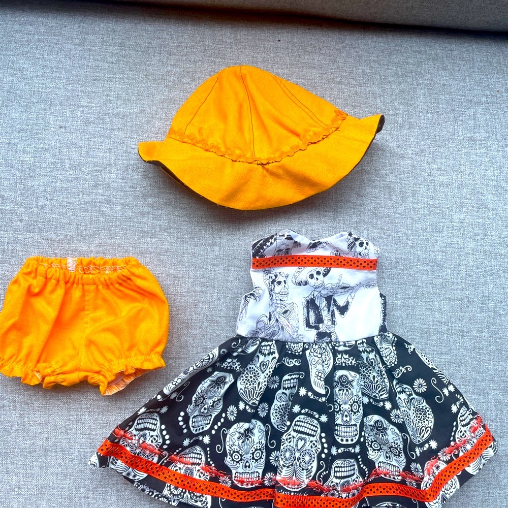 Orange and Black Skull Print Baby Outfit with Hat